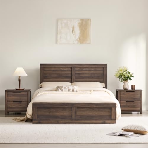 3-Piece Queen Bedroom Set: Wood Platform Bed Frame & 2 Charging Nightstands