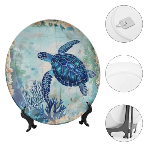 10-Inch Nautical Decorative Ceramic Plate with Display Stand, Turtle Pattern