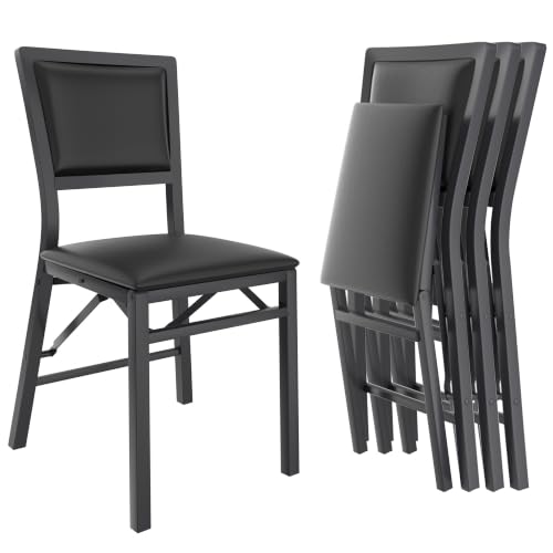 Set of 4 Padded Folding Dining Chairs with Metal Frame, Black PU Leather