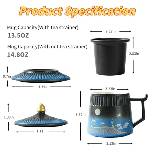 Coolpei Black & Blue Ceramic Tea Cup with Infuser & Lid 14.8oz - Vintage Style Steeping Mug for Tea Lovers Gift