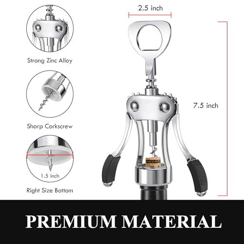 KORCCI Silver Heavy-Duty Zinc Alloy Wing Corkscrew & Bottle Opener - Multifunctional Wine Accessory