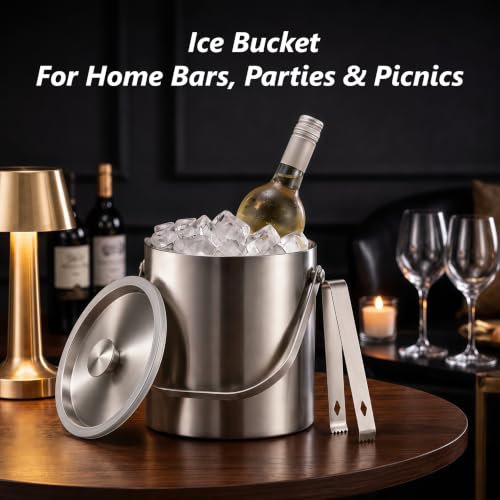 3L Stainless Steel Insulated Ice Bucket with Lid & Tongs for Home Bar