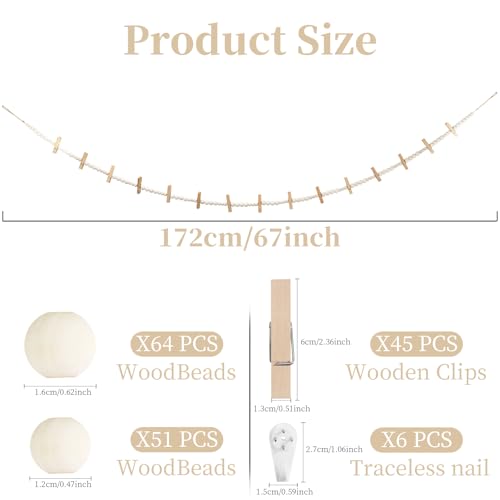 3PCS Boho Wooden Bead Hanging Photo Display with 45 Clips, 67 Inch Wall Art