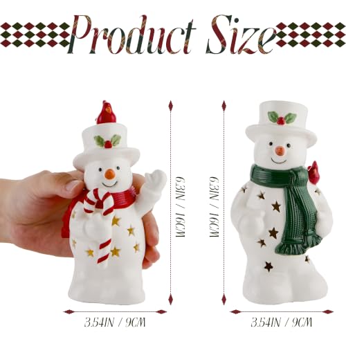Christmas Snowman Figurines Set with LED Lights - White Ceramic, Red & Green Variation