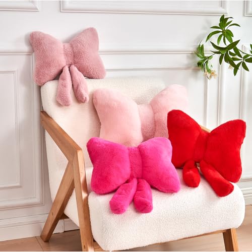 Pink Bow Throw Pillow, Soft Faux Rabbit Fur Decorative Bow Shaped Cushion