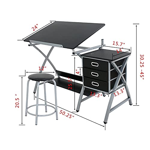 Adjustable Drafting Table and Stool Set with 3 Drawers for Art and Writing