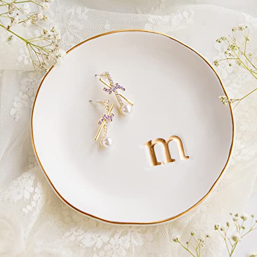 Ceramic Jewelry Tray Trinket Dish with Gold Monogram Gift Box