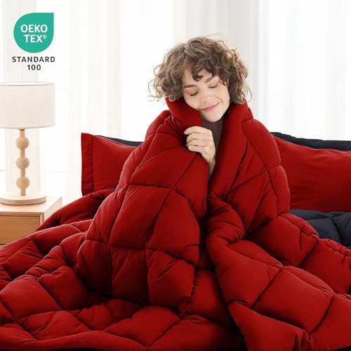 7-Piece Reversible Queen Comforter Set - All Season Bed in a Bag, Red & Black