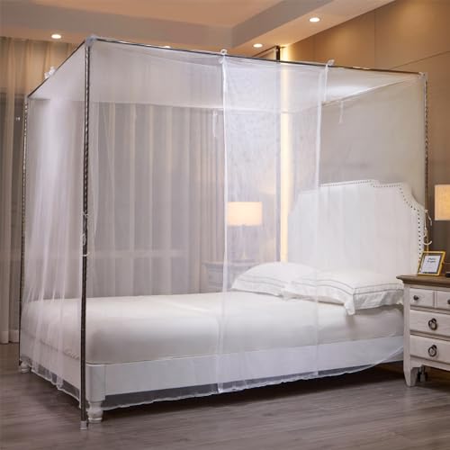 Queen Size White Bed Canopy Mosquito Net - One Side Opening Mesh Curtain