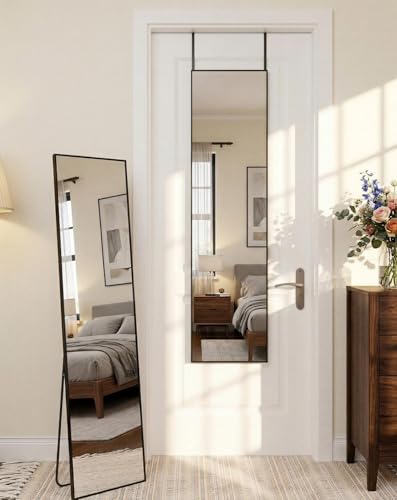 Full Length Floor Mirror with Stand, 56" x 14" Black Aluminum Frame Mirror