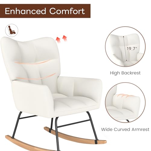 Nursery Rocking Chair with Cotton Fabric, Padded Seat & Anti-Tip Design