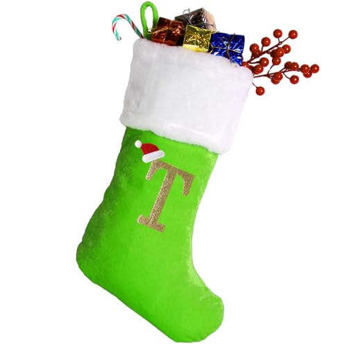 20-Inch Monogram Green Velvet Christmas Stocking with White Plush Cuff
