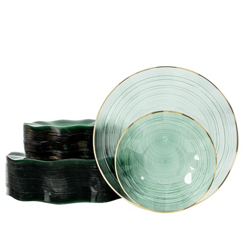 Fabulous Party 100PCS Green Plastic Plates with Gold Rim - Green Wave Variation