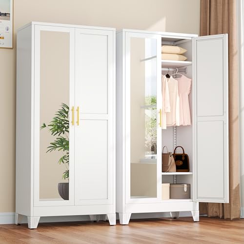 71" Metal Wardrobe Closet with Mirror, Freestanding Steel Clothing Armoire
