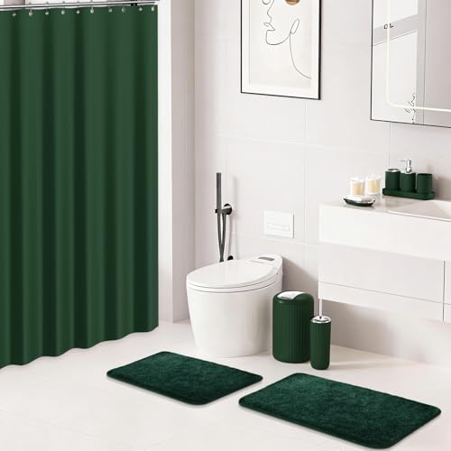 24-Piece Dark Green Bathroom Accessory Set with Shower Curtain and Bath Rugs