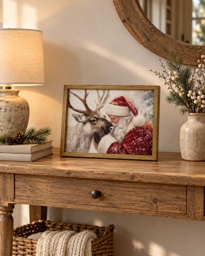 XYHYRA Framed Vintage Christmas Wall Art Santa Reindeer Canvas 16x12