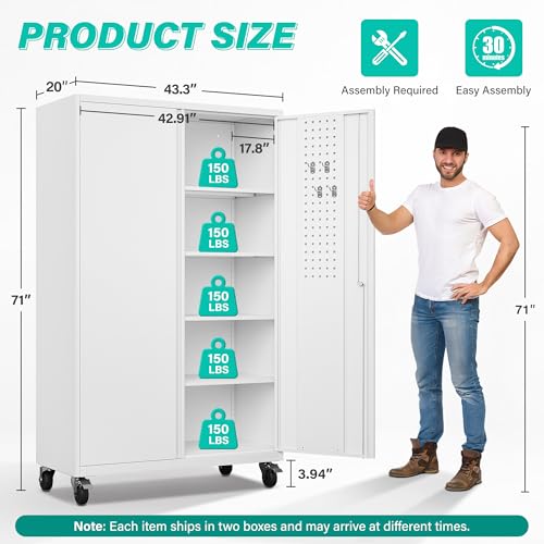 Tall Rolling Metal Storage Cabinet with Lock & Pegboard, 71" Garage Locker