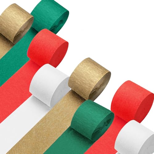 WFAUIBR Crepe Paper Streamers 8 Rolls 656 ft, Christmas Party Decorations, Green Red White Gold