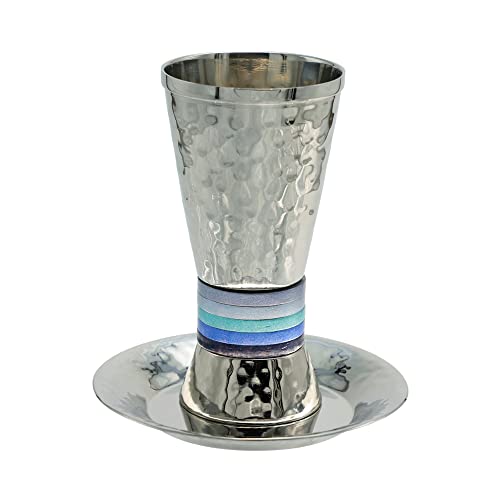 Yair Emanuel Nickel Kiddush Cup Set with Blue Ring - Silver Hammered Finish, Jerusalem Design