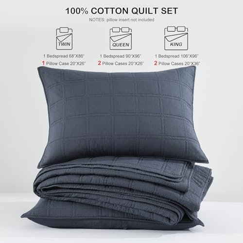 100% Cotton Quilt Set Twin Size - Pre-Washed Denim Blue Bedspread with Sham