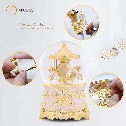 7.1-Inch Rotating Carousel Snow Globe Music Box - Gold and Pink