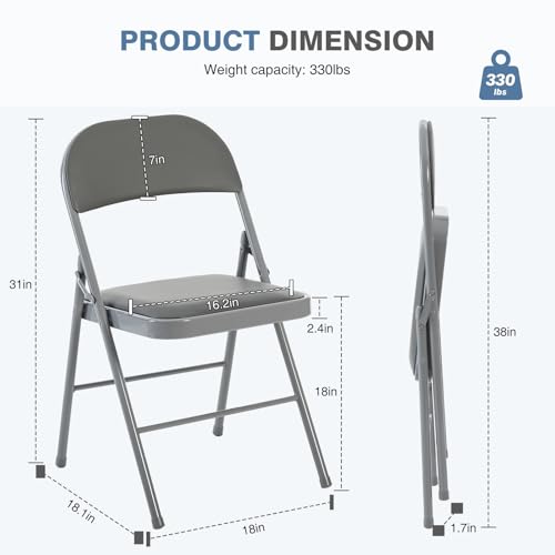 Padded Folding Chairs 2-Pack, Heavy Duty PU Leather Dining Chairs, Grey