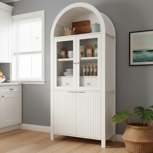 71-Inch Tall Arched Kitchen Pantry Cabinet with Glass Doors and Storage