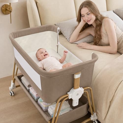 4-in-1 Portable Baby Bassinet Bedside Sleeper with Wheels & Storage - Khaki