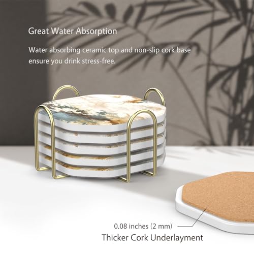Morning Patina Teal Beige Ceramic Coasters Set of 6 with Holder - Absorbent & Non-Slip