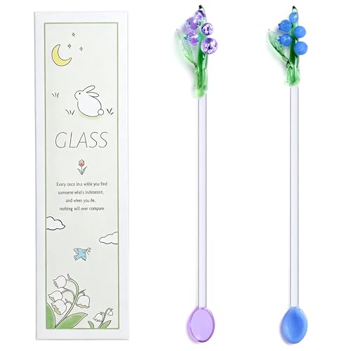 Homestia 2 Pack Glass Lily of the Valley Stirring Spoons, 7.1" Floral Cocktail & Tea Swizzle Sticks