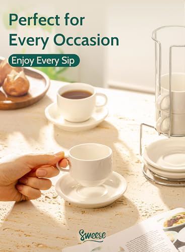 Sweese White 2.5oz Stackable Espresso Cups with Saucers & Metal Stand Set of 4