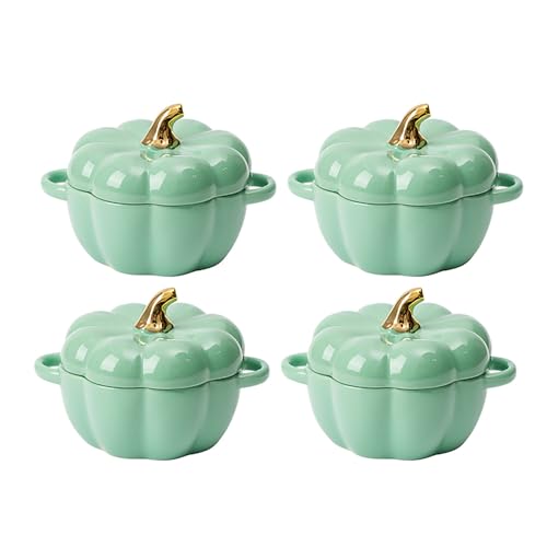 FYUEROPA Pumpkin Bowl Set with Lid & Handle, 4 Pcs Ceramic Ramekins 14 Oz Green