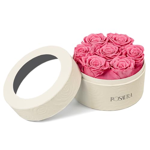 Preserved Roses Gift Box, 7 Real Pink Eternal Roses in Round Case