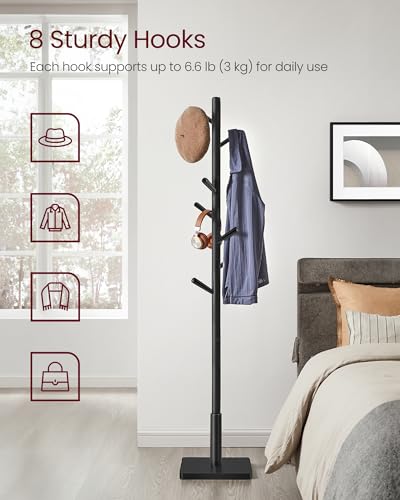 Solid Wood Coat Rack, Free Standing Hall Tree with 8 Hooks, Black