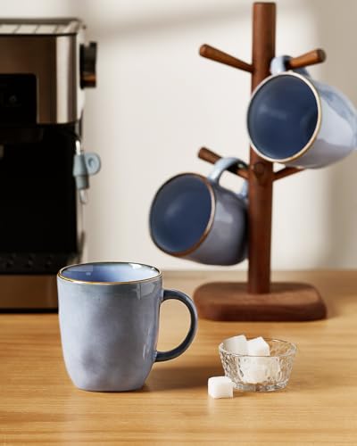 Famiware Ocean Square Blue Coffee Mug Set of 4, 13oz Stoneware Cups with Handle