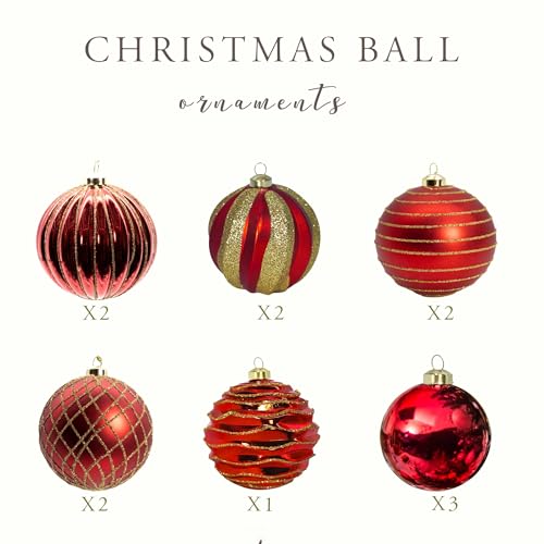 12PCS Red & Gold Christmas Ornaments - Large Shatterproof Hand-Painted Holiday Decorations
