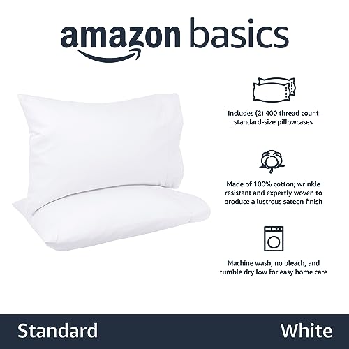Amazon Basics 400 Thread Count Cotton Pillowcases, Standard, White, Set of 2