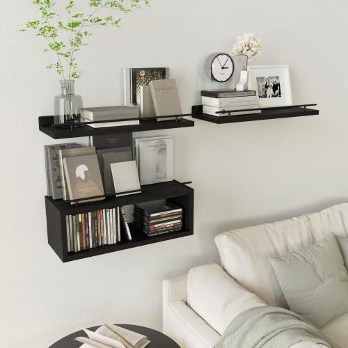 Floating Shelves with Cube Shelf and Metal Rail for Wall Storage Black