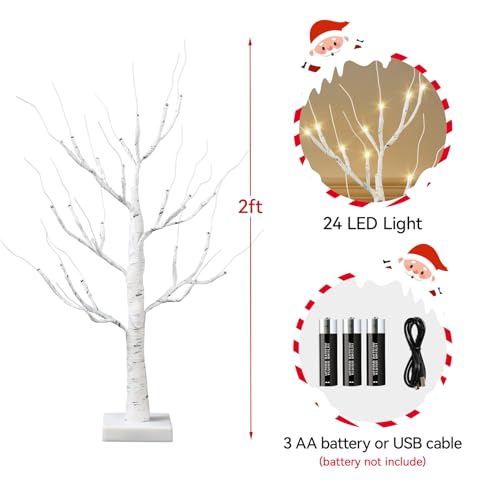 2-Pack 2 FT Lighted Birch Trees with LED Lights for Tabletop Decor