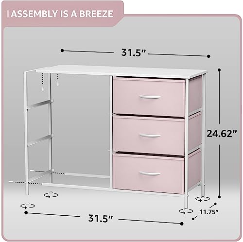 6-Drawer Fabric Dresser with Wood Top, Pink Storage Chest for Bedroom
