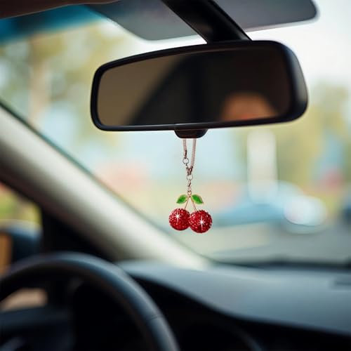 Crystal Cherry Car Hanging Ornament - Sparkly Rhinestone Mirror Pendant