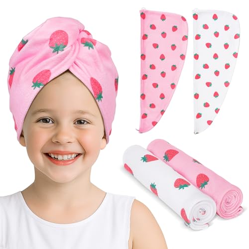 Kids Microfiber Hair Towel Wrap 2Pack Pink White Strawberry - Fast Dry Turban for Girls