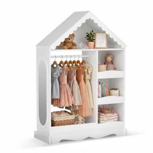 Kids Wardrobe Closet with Mirror, Hanging Rod & Storage Shelves (White)