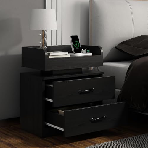 Modern LED Nightstand with Charging Station and 2 Drawers, Black