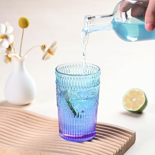 Loivttvv Lavender Dream 6pcs Vintage Ribbed Glass Drinking Set, 12 oz Cocktail & Water Glasses