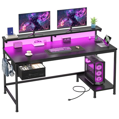 39-Inch Gaming Desk with LED Lights, Power Outlets, and Monitor Stand