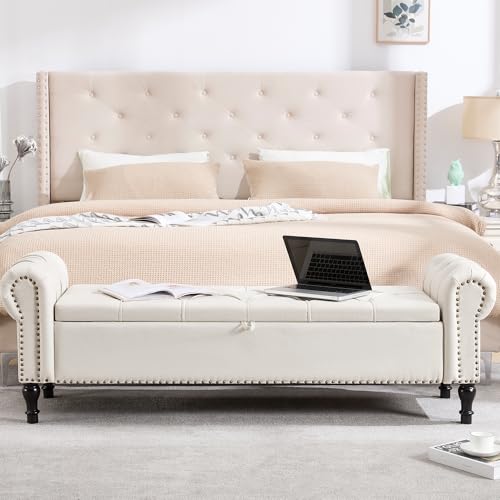 67-Inch Upholstered Storage Bench with Rolled Arms and Button Tufting