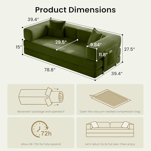 78.8" Convertible Futon Sofa Bed - Corduroy Floor Sleeper Couch, Green