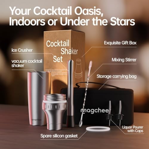 Magcheer Silver 30oz Vacuum Insulated Cocktail Shaker Set with Jigger & Strainer