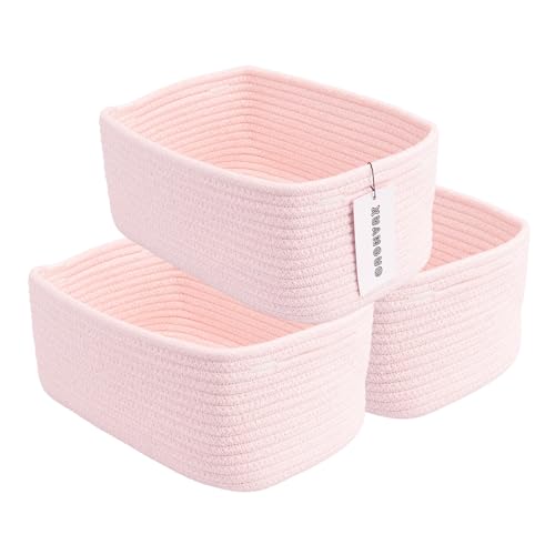 Small Woven Storage Baskets for Shelves, Pink Cotton Rope Bins 3-Pack